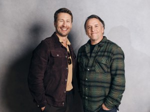 Glen Powell and Richard Linklater at the Deadline Portrait Studio during the 2024 Sundance Film Festival on January 21, 2024 in Park City, Utah.